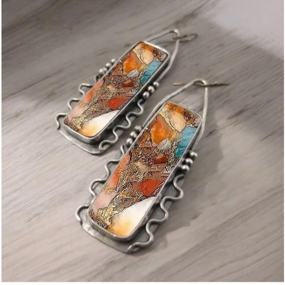 Retro Bohemian Style Geometric Dangle Earrings With Colorful Pattern, Birthday